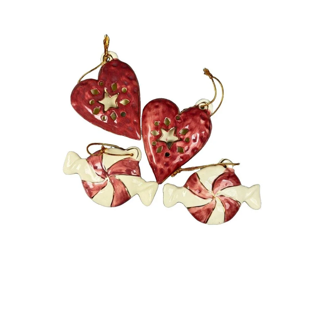 Vintage Ceramic Christmas Ornaments Set 4 Peppermint Candy Hearts Hand Painted